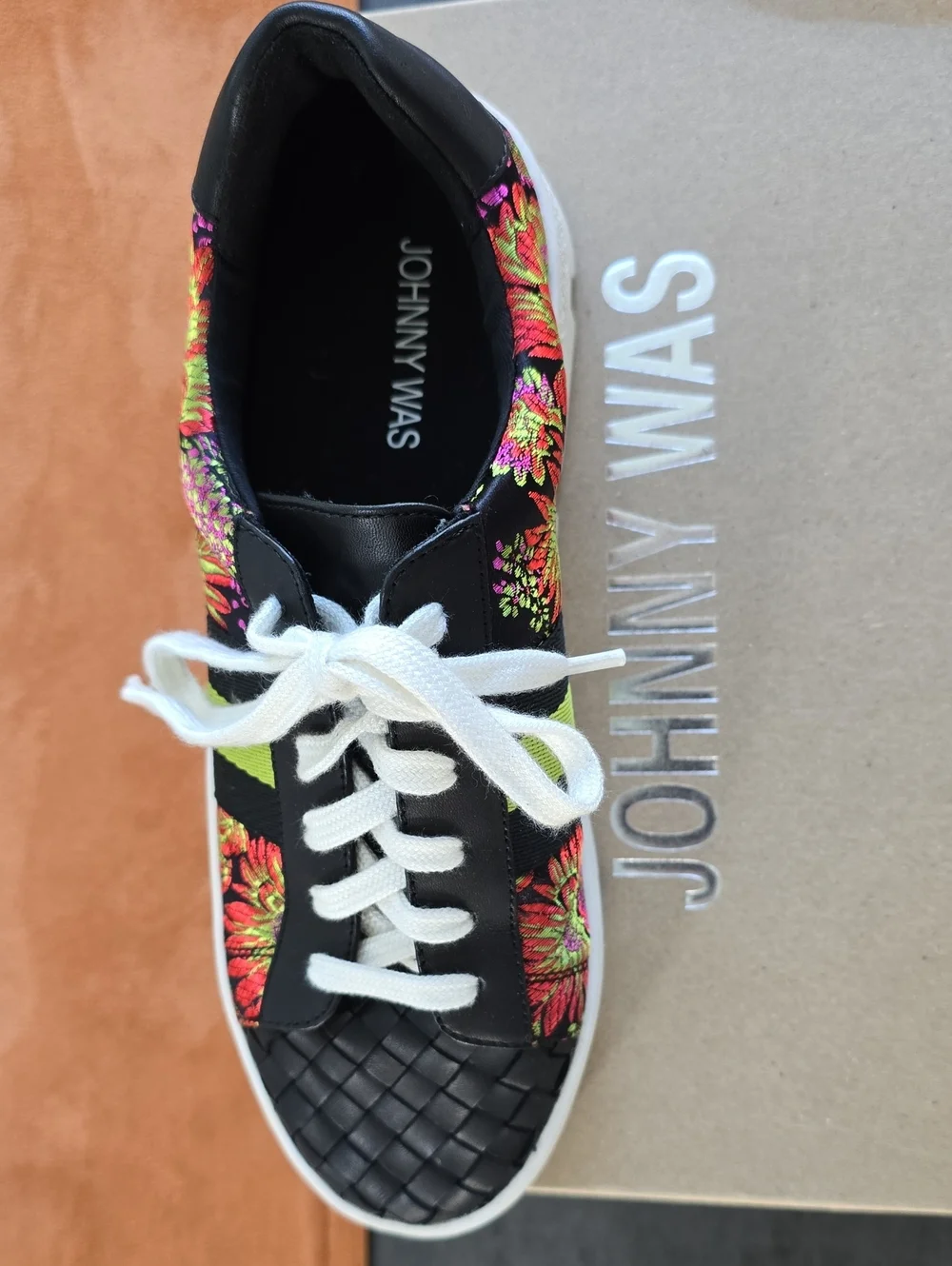 Johnny Was Black Floral Lace-Up Sneakers with Neon Yellow-Green Stripe